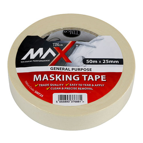 Masking Tape Cream 50m x 25mm - 1 EA (Roll 1 EA - Roll SMT25, TIMCO, MASKING, TAPE, CREAM, 50M, X, 25MMTRADE, QUALITY, GENERAL, PURPOSE, MASKING, TAPE, MANUFACTURED, SATURATED, SEMICREPE, PAPER, PRESSURE, SENSITIVE, NATURAL, RUBBER